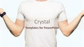  Presentation with comparison - Amazing presentation design having handsome man wearing casual white t-shirt smiling showing both hands open palms presenting and advertising comparison and balance backdrop and a lemonade colored foreground