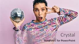  Presentation with disco ball - Presentation theme enhanced with handsome-man-wearing-make-up background and a soft green colored foreground