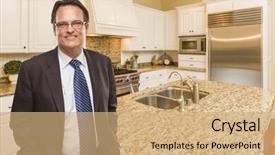  Presentation with custom - Presentation design enhanced with handsome man wearing suit and tie in beautiful custom residential kitchen background and a coral colored foreground
