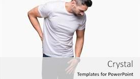  Presentation with back pain - Amazing PPT layouts having handsome man wearing white t-shirt over white isolated background suffering of backache touching back with hand muscular pain backdrop and a white colored foreground