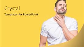  Presentation with infection - Amazing slide set having handsome man wearing white t-shirt over yellow isolated background touching painful neck sore throat for flu clod and infection backdrop and a yellow colored foreground