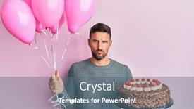  Presentation with birthday cake - Colorful PPT layouts enhanced with handsome-man-with-beard-celebrating backdrop and a ocean colored foreground