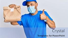  Presentation with food safety - PPT theme featuring handsome-man-with-beard-delivering background and a light blue colored foreground