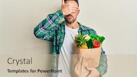  Presentation with paper bag - Cool new PPT theme with handsome-man-with-beard-holding backdrop and a soft green colored foreground