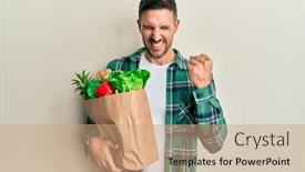  Presentation with paper bag - PPT theme consisting of handsome-man-with-beard-holding background and a coral colored foreground