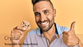  Presentation with cookie - Presentation theme having handsome-man-with-beard-holding background and a coral colored foreground