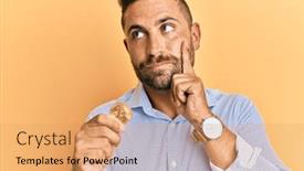  Presentation with virtual hand - Presentation theme with handsome-man-with-beard-holding background and a coral colored foreground