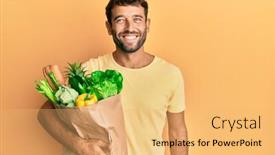 Presentation with paper bag - PPT theme consisting of handsome-man-with-beard-holding background and a yellow colored foreground