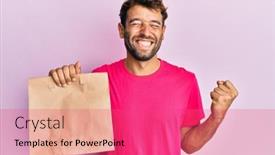 Presentation with paper bag - PPT theme consisting of handsome-man-with-beard-holding background and a coral colored foreground