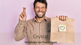 Presentation with paper bag - Theme having handsome-man-with-beard-holding background and a coral colored foreground