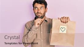  Presentation with paper bag - Presentation design consisting of handsome-man-with-beard-holding background and a coral colored foreground