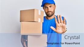  Presentation with courier delivery - PPT theme featuring handsome-man-with-beard-wearing background and a light blue colored foreground