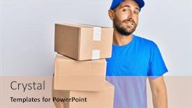  Presentation with courier delivery - Presentation theme having handsome-man-with-beard-wearing background and a coral colored foreground