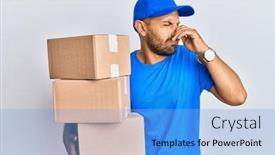  Presentation with courier delivery - PPT layouts with handsome-man-with-beard-wearing background and a light blue colored foreground