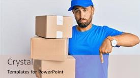  Presentation with courier delivery - Amazing presentation theme having handsome-man-with-beard-wearing backdrop and a coral colored foreground