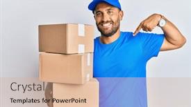  Presentation with courier delivery - Cool new slides with handsome-man-with-beard-wearing backdrop and a coral colored foreground