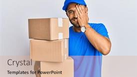  Presentation with courier delivery - PPT theme with handsome-man-with-beard-wearing background and a coral colored foreground