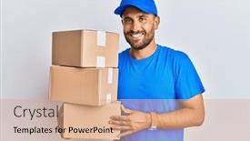  Presentation with courier - PPT layouts with handsome-man-with-beard-wearing background and a coral colored foreground