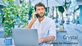  Presentation with cafeteria - Audience pleasing PPT theme consisting of handsome-man-with-beard-wearing backdrop and a light blue colored foreground