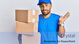  Presentation with courier delivery - Audience pleasing theme consisting of handsome-man-with-beard-wearing backdrop and a teal colored foreground