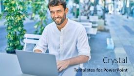  Presentation with cafeteria - Audience pleasing presentation theme consisting of handsome-man-with-beard-wearing backdrop and a light blue colored foreground