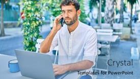  Presentation with cafeteria - Presentation design consisting of handsome-man-with-beard-wearing background and a light blue colored foreground