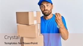  Presentation with courier delivery - PPT theme having handsome-man-with-beard-wearing background and a coral colored foreground