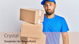  Presentation with courier delivery - PPT theme enhanced with handsome-man-with-beard-wearing background and a coral colored foreground