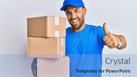  Presentation with courier delivery - Audience pleasing PPT theme consisting of handsome-man-with-beard-wearing backdrop and a light blue colored foreground