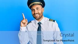  Presentation with airplane pilot - Presentation design consisting of handsome-man-with-beard-wearing background and a light blue colored foreground