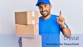  Presentation with courier - Cool new presentation theme with handsome-man-with-beard-wearing backdrop and a light blue colored foreground