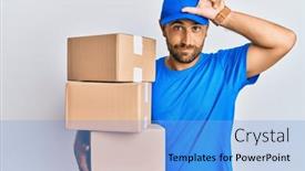  Presentation with courier delivery - PPT theme featuring handsome-man-with-beard-wearing background and a light blue colored foreground