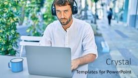  Presentation with cafeteria - Presentation theme consisting of handsome-man-with-beard-wearing background and a light blue colored foreground