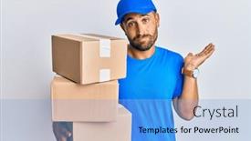  Presentation with courier delivery - Presentation theme consisting of handsome-man-with-beard-wearing background and a light blue colored foreground