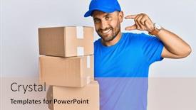  Presentation with courier delivery - Audience pleasing PPT theme consisting of handsome-man-with-beard-wearing backdrop and a coral colored foreground