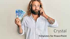  Presentation with man holding phone - Amazing slide deck having handsome-man-with-beard backdrop and a light gray colored foreground