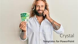  Presentation with man holding phone - Slide deck featuring handsome-man-with-beard background and a light gray colored foreground