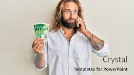  Presentation with man holding phone - Beautiful presentation theme featuring handsome-man-with-beard backdrop and a light gray colored foreground