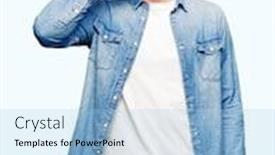 Presentation with denim - Beautiful slide deck featuring handsome man with blue eyes and beard wearing denim jacket smiling doing phone gesture with hand and fingers like talking on the telephone communicating concepts backdrop and a light blue colored foreground
