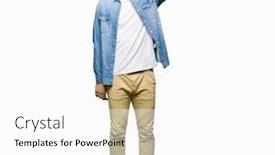  Presentation with denim - Amazing presentation design having handsome man with blue eyes and beard wearing denim jacket confuse and wonder about question uncertain with doubt thinking with hand on head pensive concept backdrop and a white colored foreground
