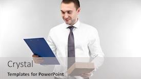  Presentation with box carton - Audience pleasing slide deck consisting of handsome-man-with-clipboard backdrop and a light gray colored foreground