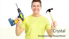  Presentation with cordless - Slide deck consisting of handsome man with cordless drill and hammer isolated over white background background and a blonde colored foreground