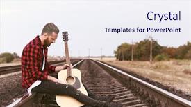  Presentation with railroad - Slide set with handsome man with guitar sitting on railroad background and a sky blue colored foreground