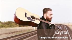  Presentation with railroad - Colorful slide set enhanced with handsome man with guitar on railroad backdrop and a tawny brown colored foreground
