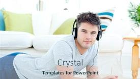  Presentation with living room - Amazing slides having handsome-man-with-headphones-lying backdrop and a sky blue colored foreground