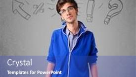  Presentation with doodles - Colorful PPT theme enhanced with handsome man with question sign doodles on gradient background backdrop and a cobalt blue colored foreground