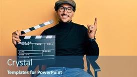  Presentation with film director - Amazing presentation theme having handsome-man-with-tattoos-holding backdrop and a ocean colored foreground