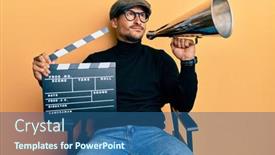  Presentation with clapboard - PPT layouts having handsome-man-with-tattoos-holding background and a ocean colored foreground