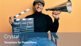  Presentation with clapboard - Colorful slide set enhanced with handsome-man-with-tattoos-holding backdrop and a ocean colored foreground