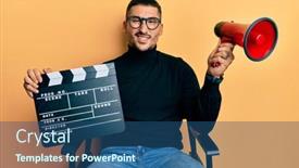  Presentation with clapboard - Beautiful PPT layouts featuring handsome-man-with-tattoos-holding backdrop and a ocean colored foreground